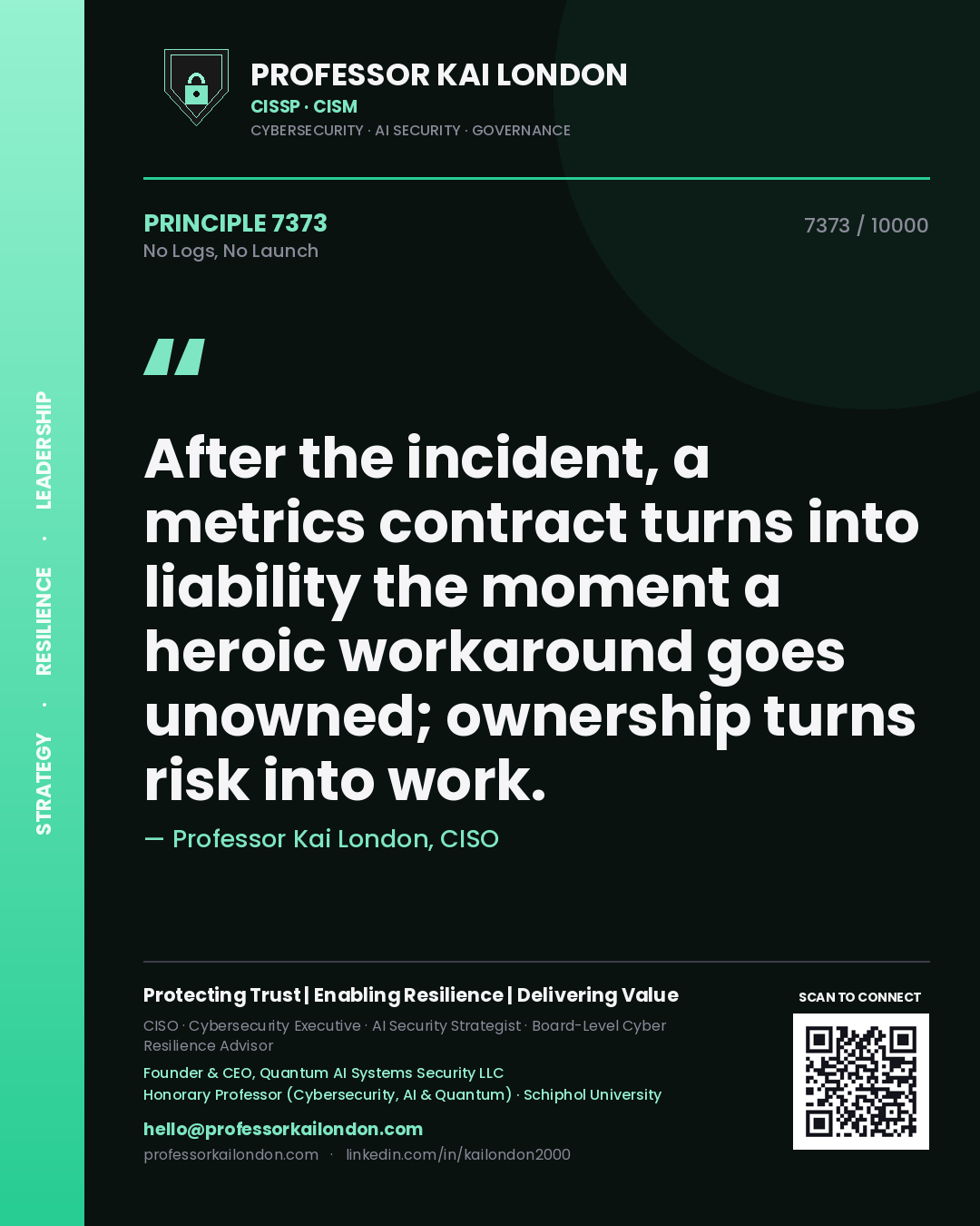 Quote card by Professor Kai London reading 'After the incident, a metrics contract turns into liability the moment a heroic workaround goes unowned; ownership turns risk into work.'. From the book No Logs, No Launch.
