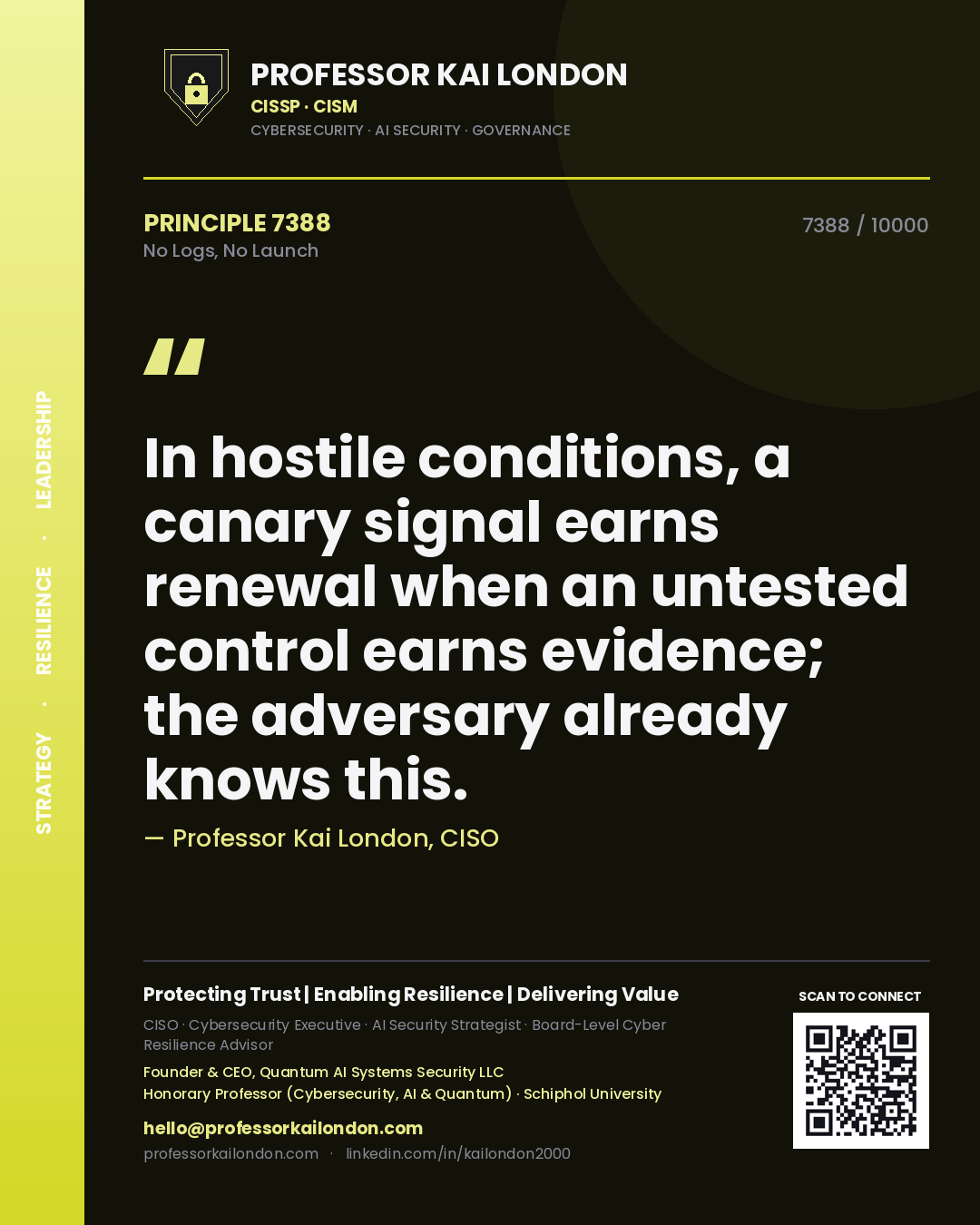 Professor Kai London principle 7388: In hostile conditions, a canary signal earns renewal when an untested control earns evidence; the adversary already knows this.