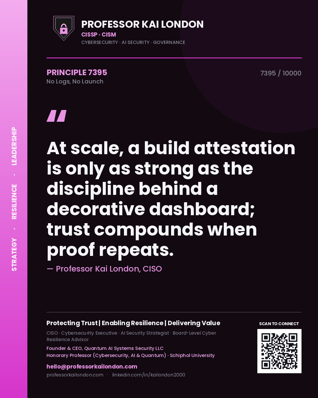 Professor Kai London principle 7395: At scale, a build attestation is only as strong as the discipline behind a decorative dashboard; trust compounds when proof repeats.