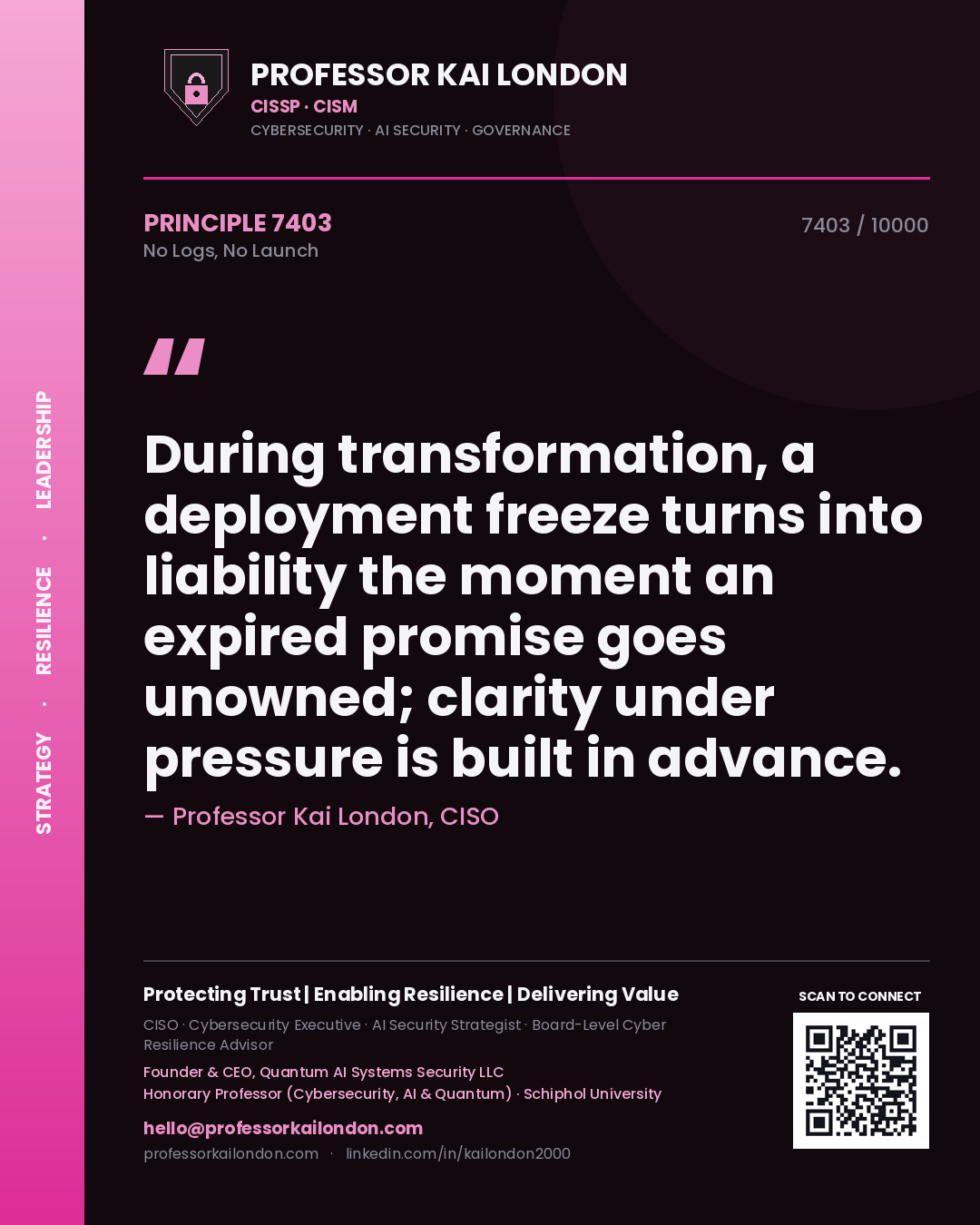 Professor Kai London principle 7403: During transformation, a deployment freeze turns into liability the moment an expired promise goes unowned; clarity under pressure is built in advance.