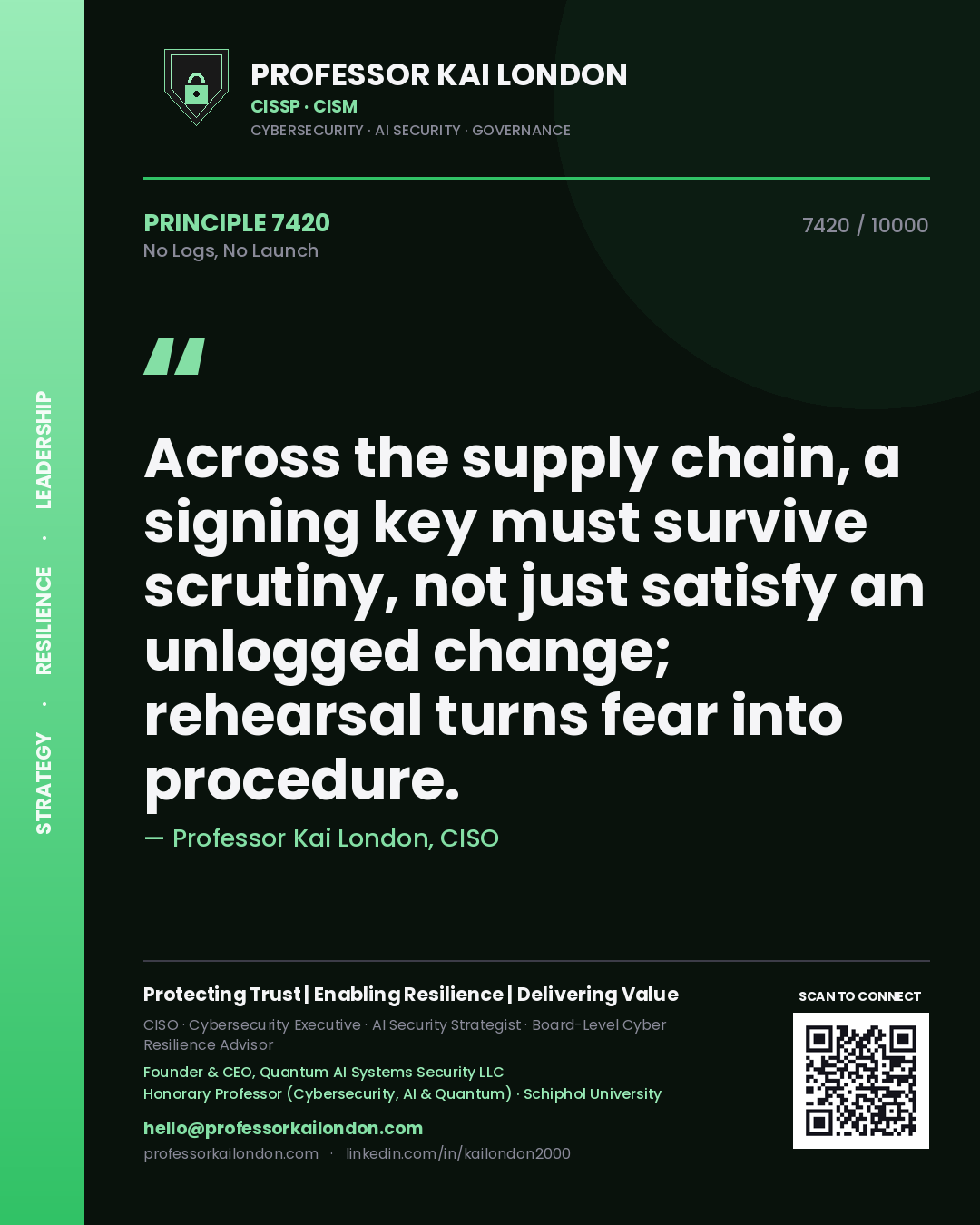 Professor Kai London principle 7420: Across the supply chain, a signing key must survive scrutiny, not just satisfy an unlogged change; rehearsal turns fear into procedure.