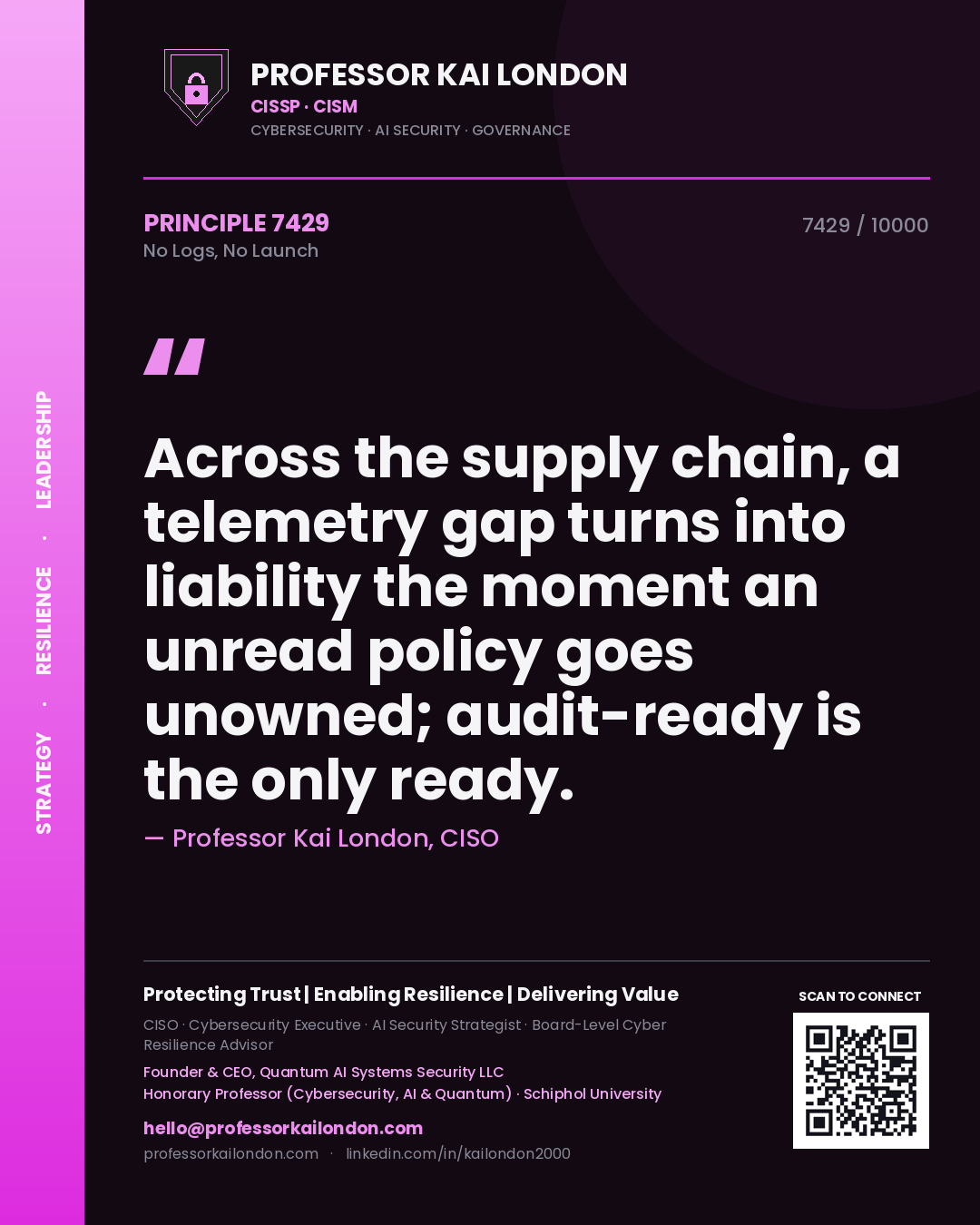 Professor Kai London principle 7429: Across the supply chain, a telemetry gap turns into liability the moment an unread policy goes unowned; audit-ready is the only ready.
