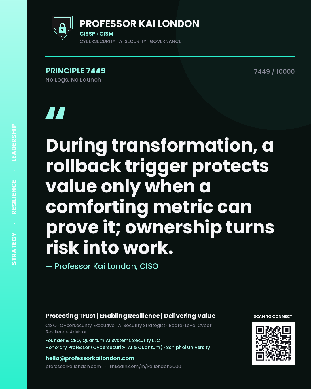 Professor Kai London principle 7449: During transformation, a rollback trigger protects value only when a comforting metric can prove it; ownership turns risk into work.