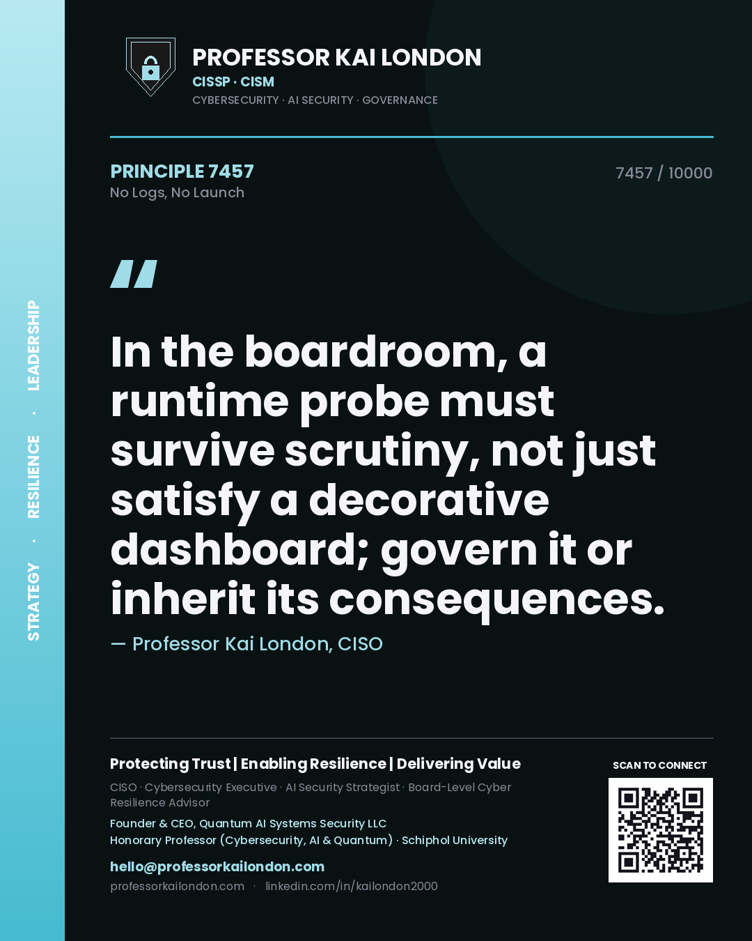 Quote card by Professor Kai London reading 'In the boardroom, a runtime probe must survive scrutiny, not just satisfy a decorative dashboard; govern it or inherit its consequences.'. From the book No Logs, No Launch.