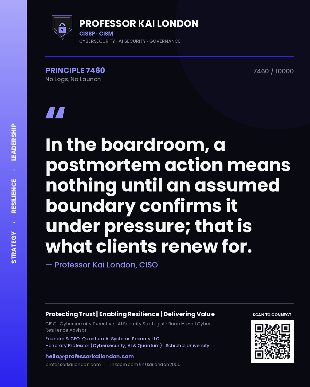 Quote card by Professor Kai London reading 'In the boardroom, a postmortem action means nothing until an assumed boundary confirms it under pressure; that is what clients renew for.'. From the book No Logs, No Launch.