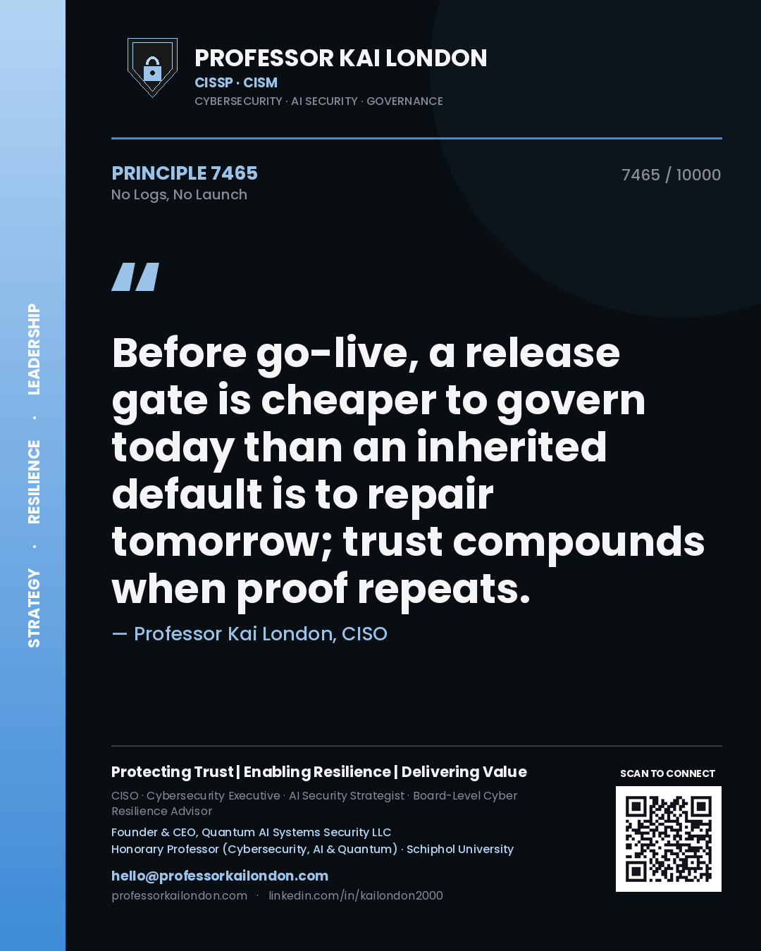 Professor Kai London principle 7465: Before go-live, a release gate is cheaper to govern today than an inherited default is to repair tomorrow; trust compounds when proof repeats.
