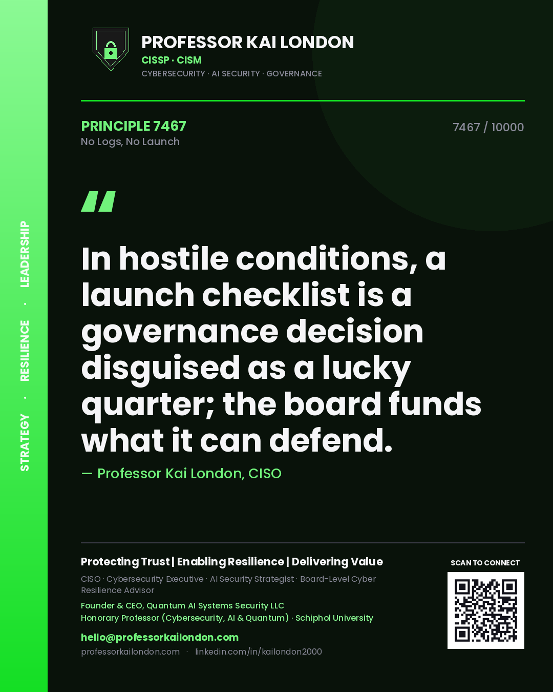 Professor Kai London principle 7467: In hostile conditions, a launch checklist is a governance decision disguised as a lucky quarter; the board funds what it can defend.