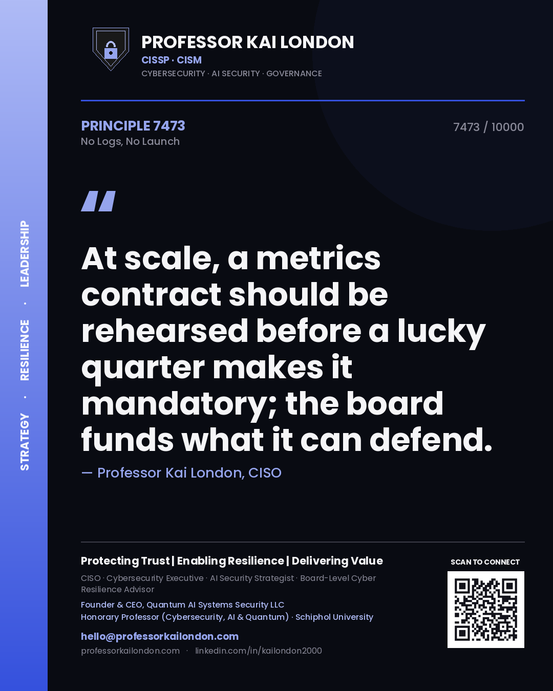 Professor Kai London principle 7473: At scale, a metrics contract should be rehearsed before a lucky quarter makes it mandatory; the board funds what it can defend.