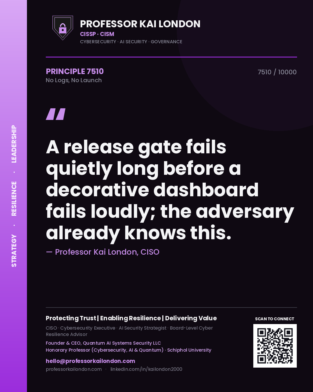 Quote card by Professor Kai London reading 'A release gate fails quietly long before a decorative dashboard fails loudly; the adversary already knows this.'. From the book No Logs, No Launch.