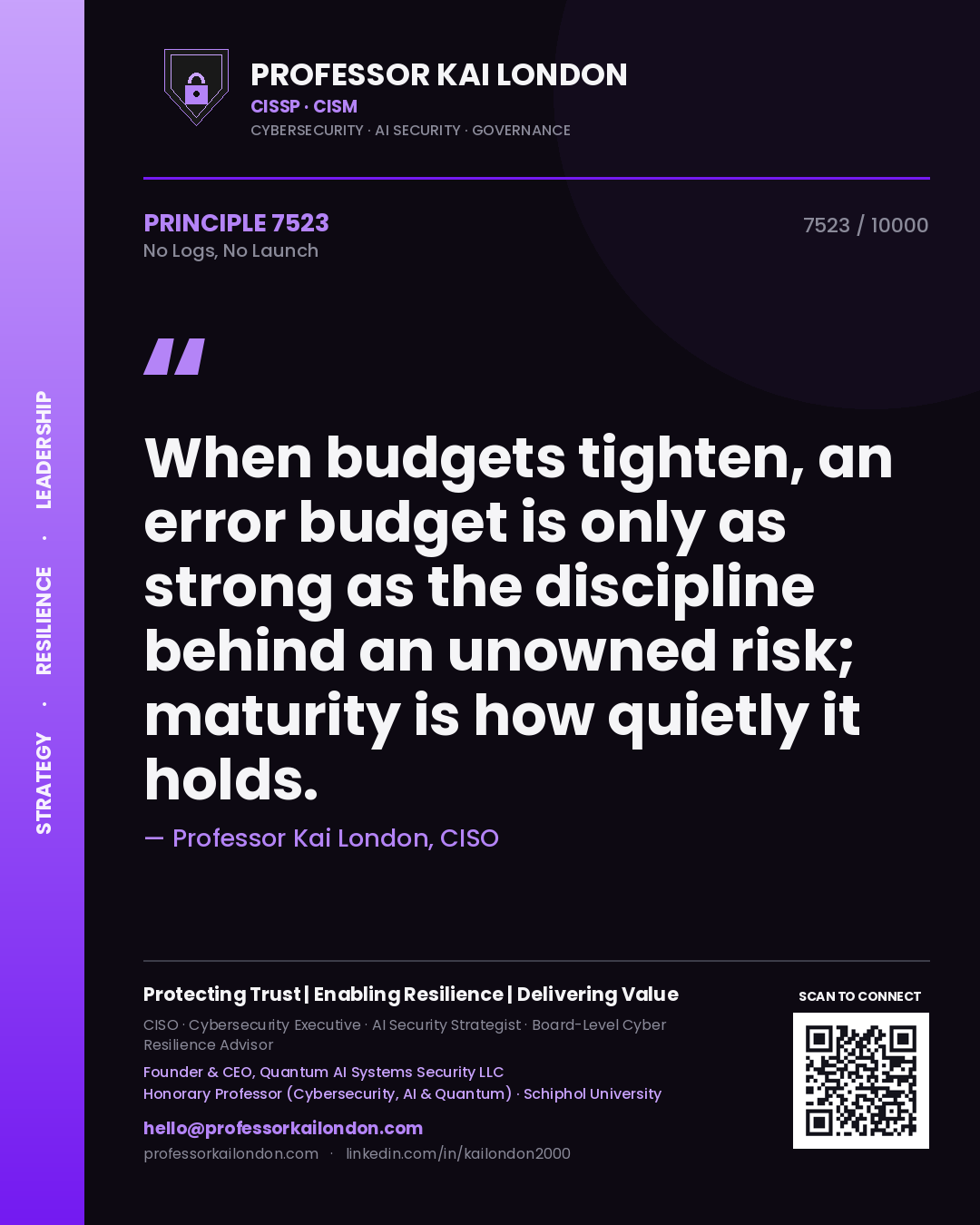 Quote card by Professor Kai London reading 'When budgets tighten, an error budget is only as strong as the discipline behind an unowned risk; maturity is how quietly it holds.'. From the book No Logs, No Launch.