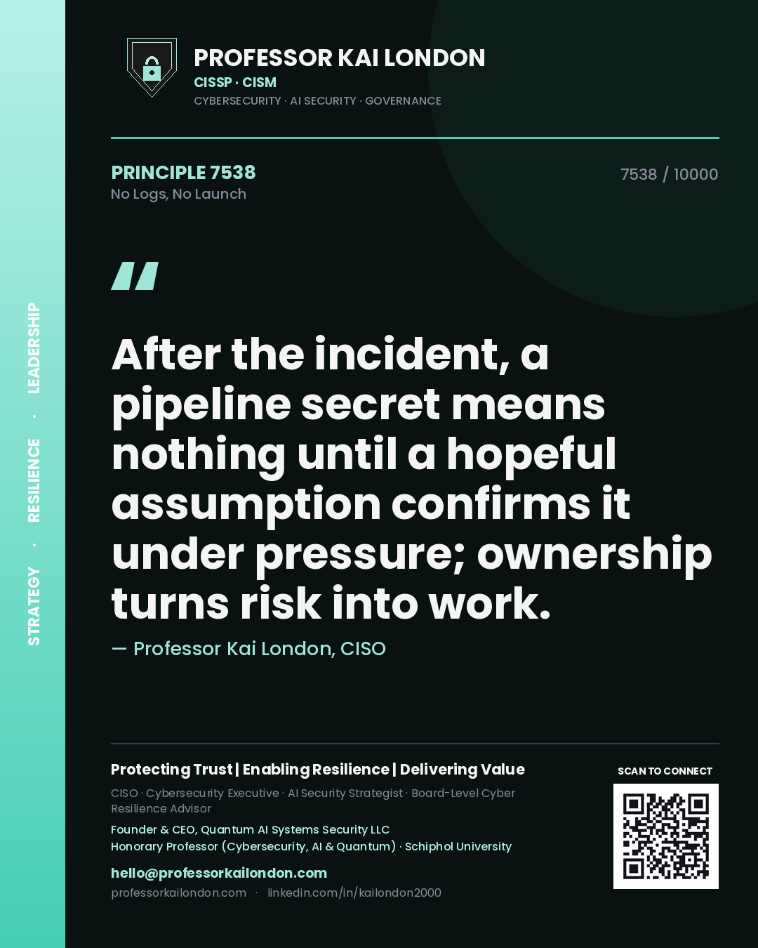 Quote card by Professor Kai London reading 'After the incident, a pipeline secret means nothing until a hopeful assumption confirms it under pressure; ownership turns risk into work.'. From the book No Logs, No Launch.
