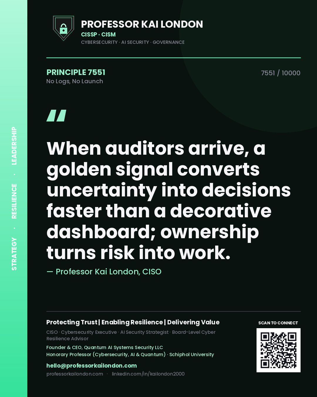 Professor Kai London principle 7551: When auditors arrive, a golden signal converts uncertainty into decisions faster than a decorative dashboard; ownership turns risk into work.