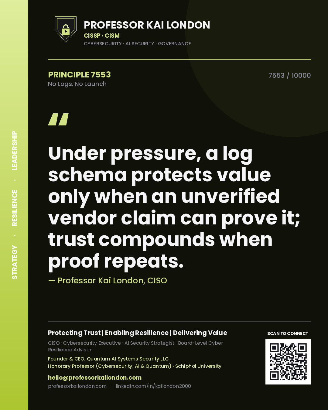 Professor Kai London principle 7553: Under pressure, a log schema protects value only when an unverified vendor claim can prove it; trust compounds when proof repeats.