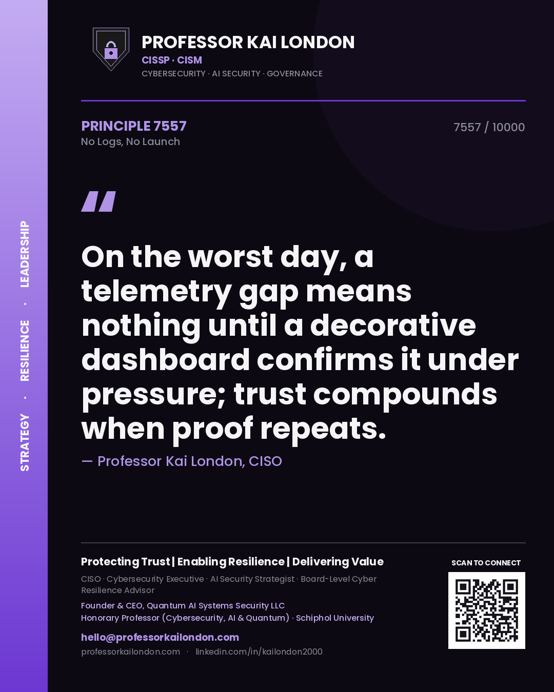 Professor Kai London principle 7557: On the worst day, a telemetry gap means nothing until a decorative dashboard confirms it under pressure; trust compounds when proof repeats.