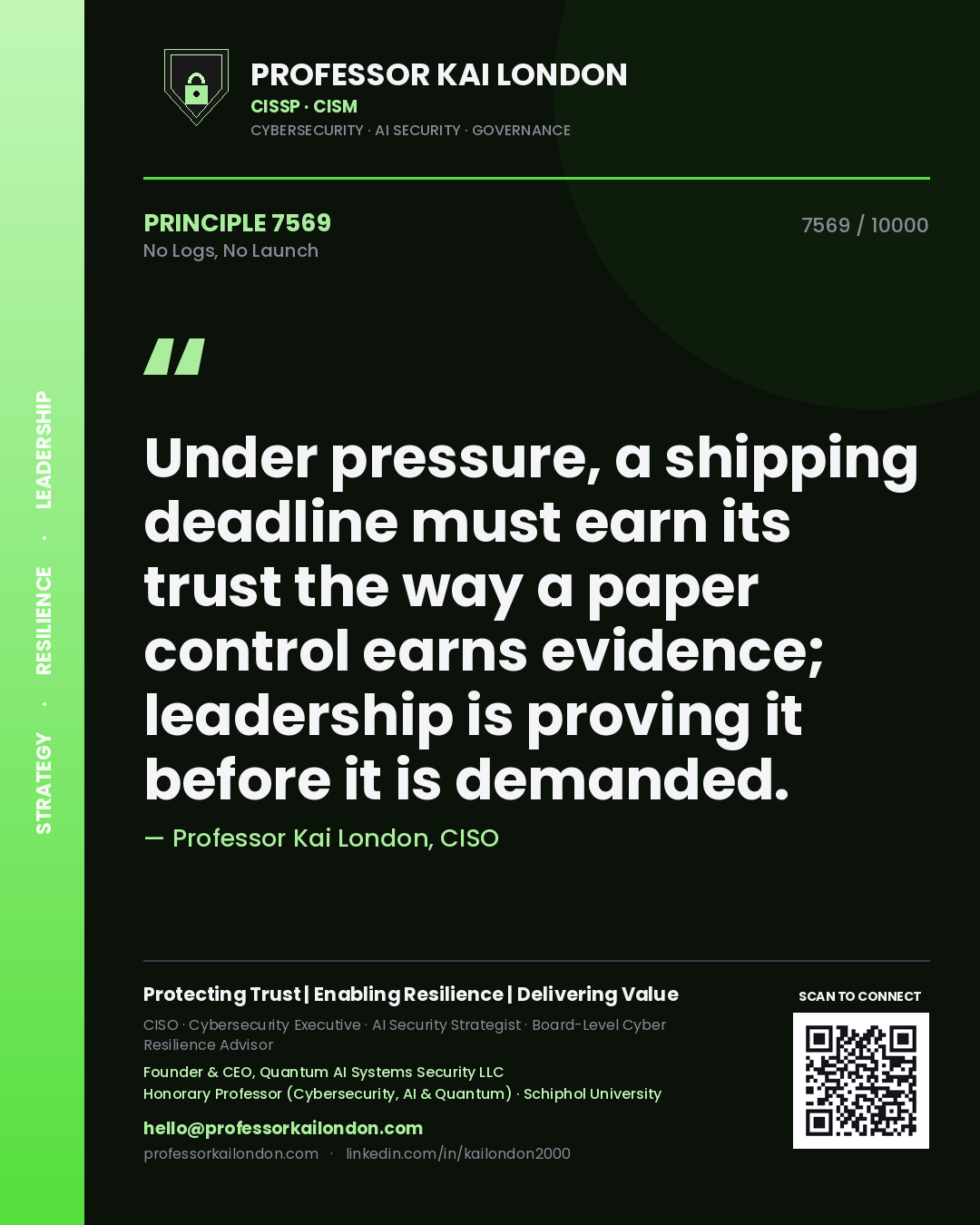 Professor Kai London principle 7569: Under pressure, a shipping deadline must earn its trust the way a paper control earns evidence; leadership is proving it before it is demanded.