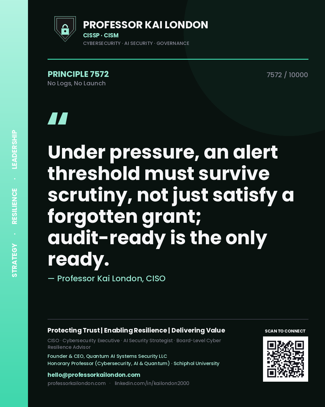Quote card by Professor Kai London reading 'Under pressure, an alert threshold must survive scrutiny, not just satisfy a forgotten grant; audit-ready is the only ready.'. From the book No Logs, No Launch.