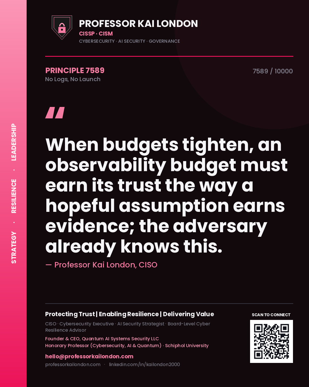Professor Kai London principle 7589: When budgets tighten, an observability budget must earn its trust the way a hopeful assumption earns evidence; the adversary already knows this.