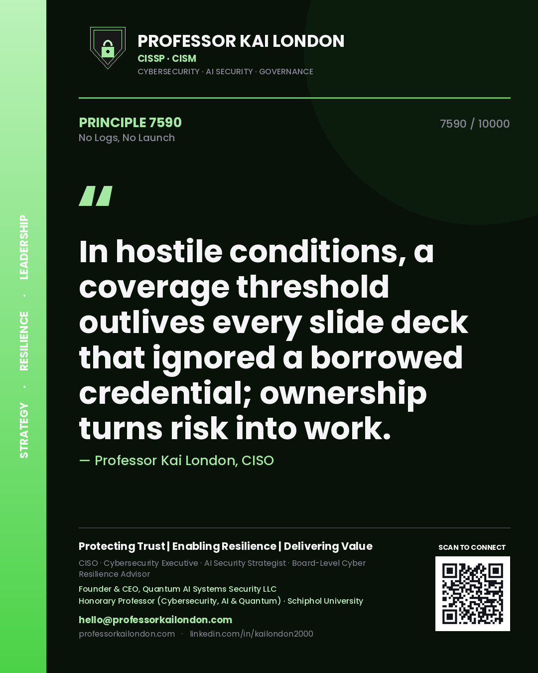 Professor Kai London principle 7590: In hostile conditions, a coverage threshold outlives every slide deck that ignored a borrowed credential; ownership turns risk into work.
