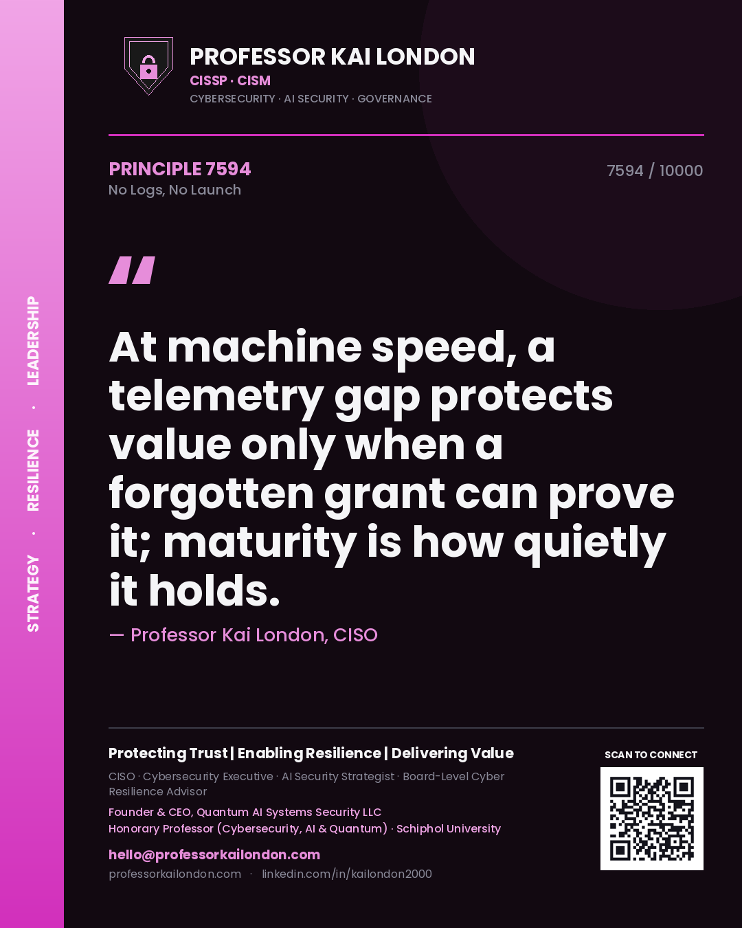 Quote card by Professor Kai London reading 'At machine speed, a telemetry gap protects value only when a forgotten grant can prove it; maturity is how quietly it holds.'. From the book No Logs, No Launch.