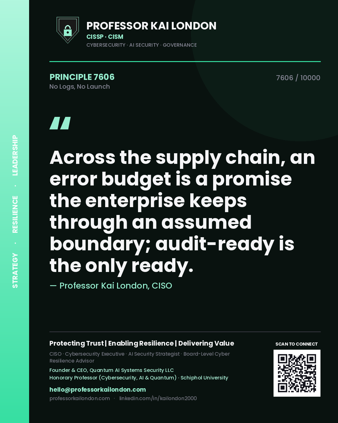 Professor Kai London principle 7606: Across the supply chain, an error budget is a promise the enterprise keeps through an assumed boundary; audit-ready is the only ready.