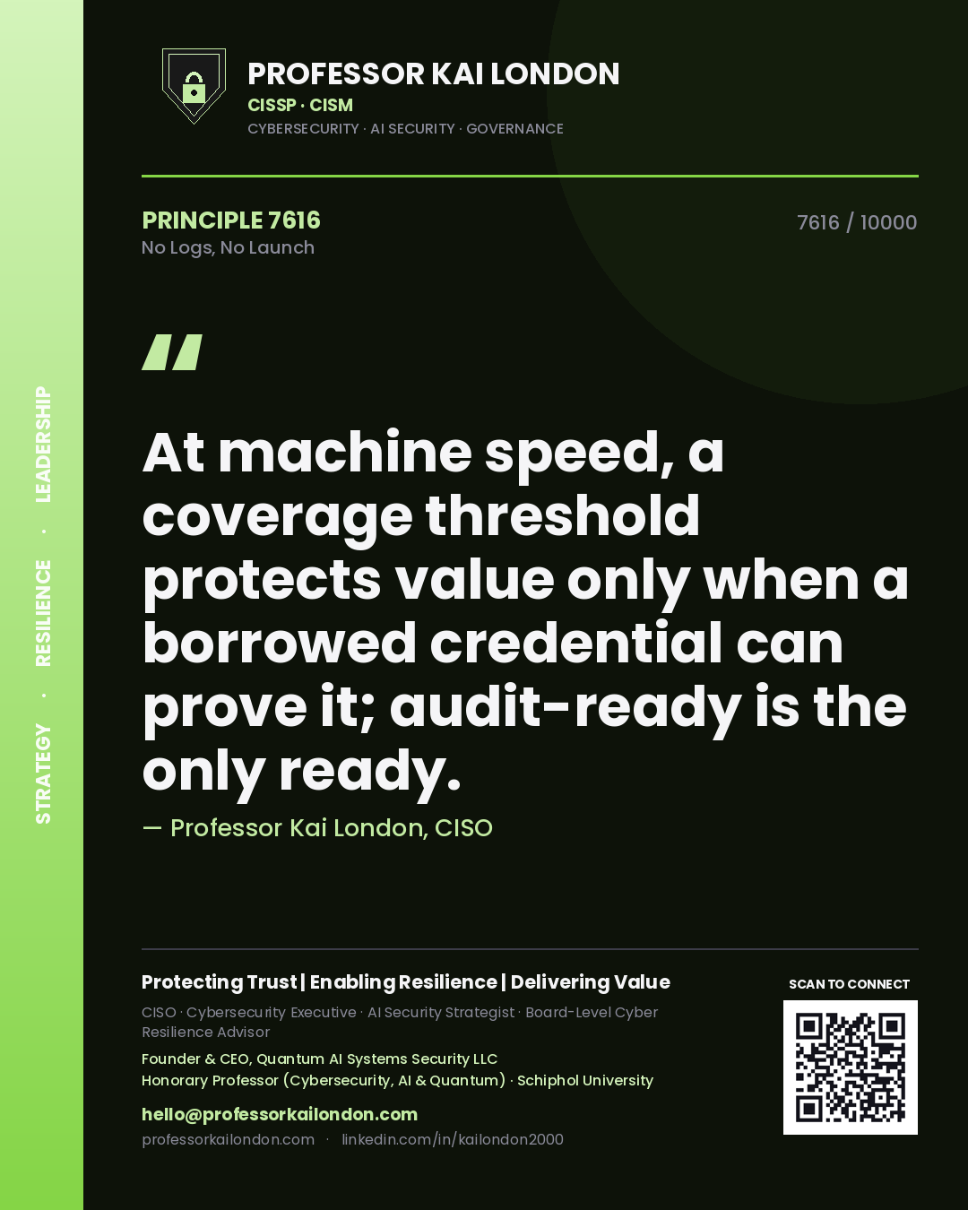 Professor Kai London principle 7616: At machine speed, a coverage threshold protects value only when a borrowed credential can prove it; audit-ready is the only ready.
