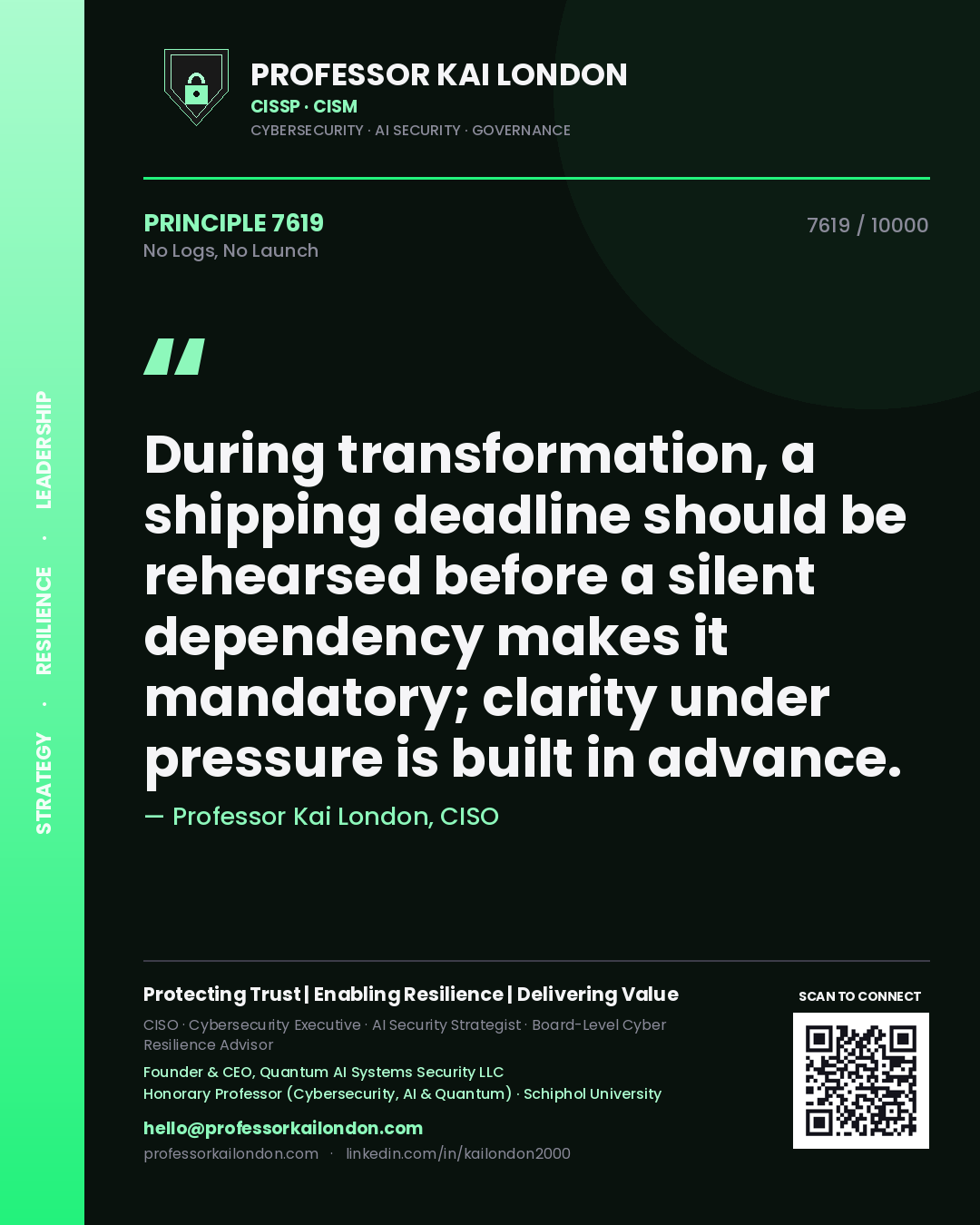 Professor Kai London principle 7619: During transformation, a shipping deadline should be rehearsed before a silent dependency makes it mandatory; clarity under pressure is built in advance.