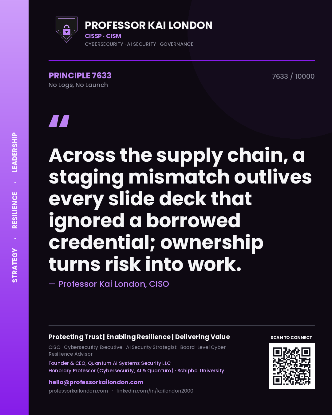Professor Kai London principle 7633: Across the supply chain, a staging mismatch outlives every slide deck that ignored a borrowed credential; ownership turns risk into work.