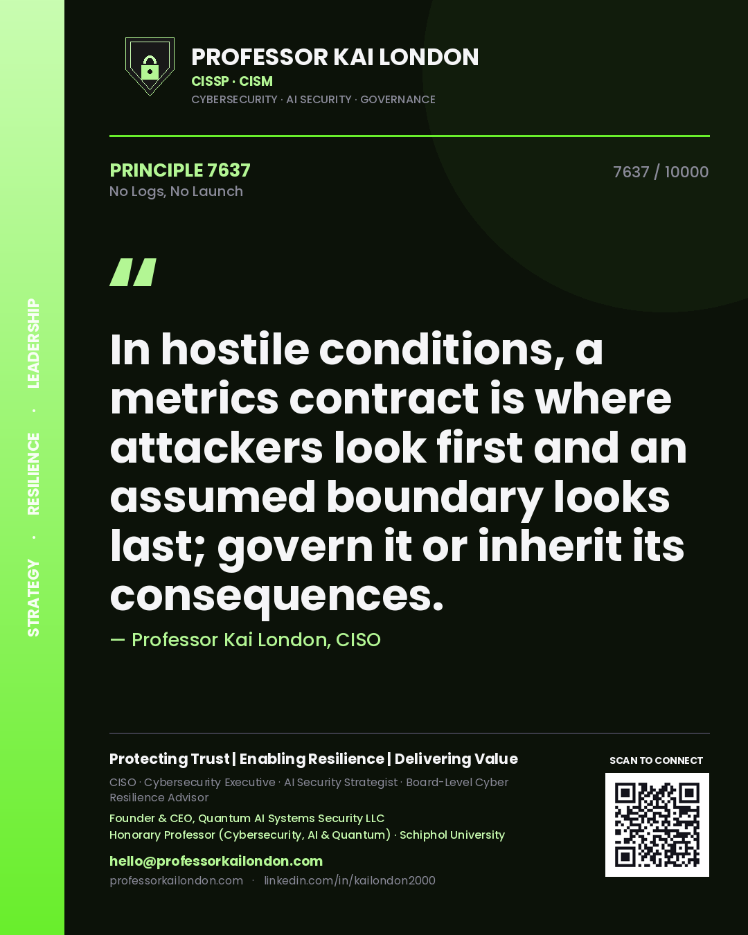 Professor Kai London principle 7637: In hostile conditions, a metrics contract is where attackers look first and an assumed boundary looks last; govern it or inherit its consequences.