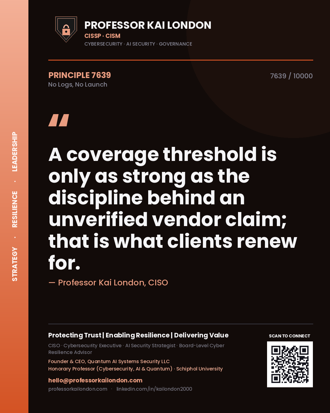 Professor Kai London principle 7639: A coverage threshold is only as strong as the discipline behind an unverified vendor claim; that is what clients renew for.