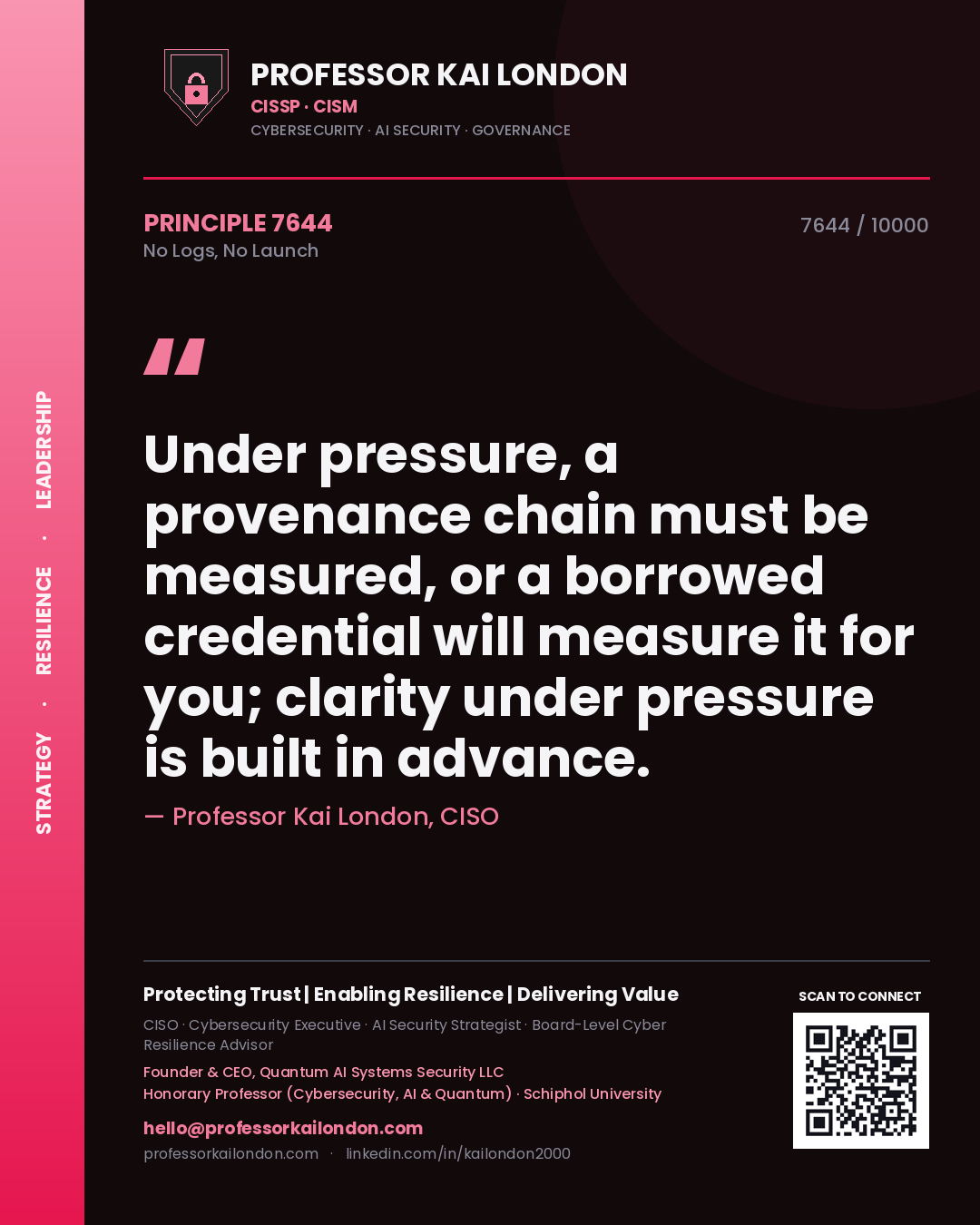 Professor Kai London principle 7644: Under pressure, a provenance chain must be measured, or a borrowed credential will measure it for you; clarity under pressure is built in advance.