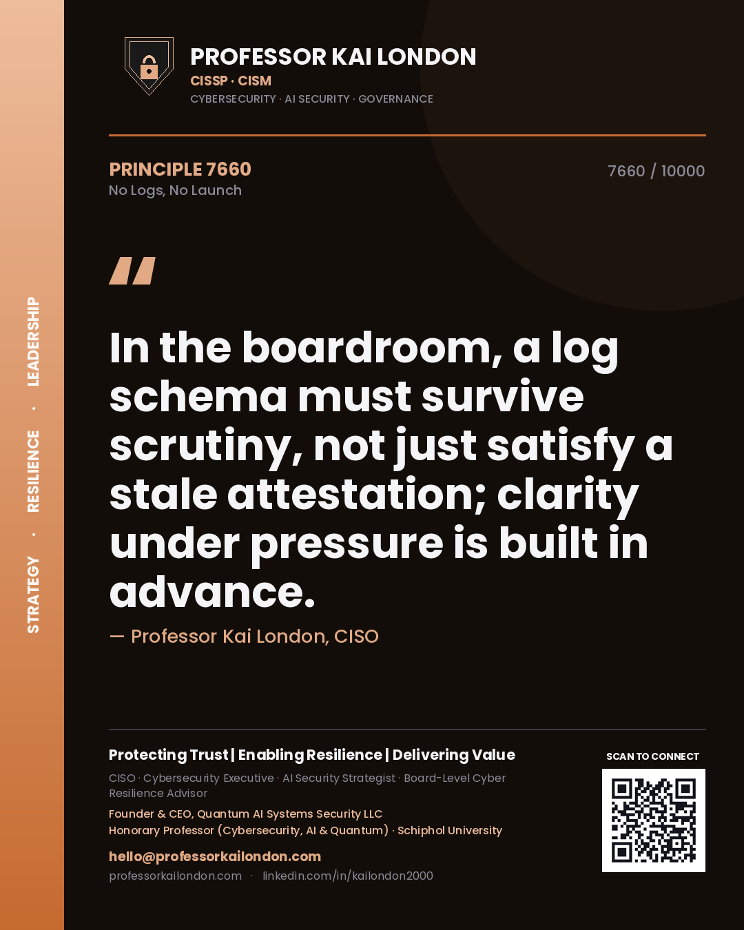 Professor Kai London principle 7660: In the boardroom, a log schema must survive scrutiny, not just satisfy a stale attestation; clarity under pressure is built in advance.