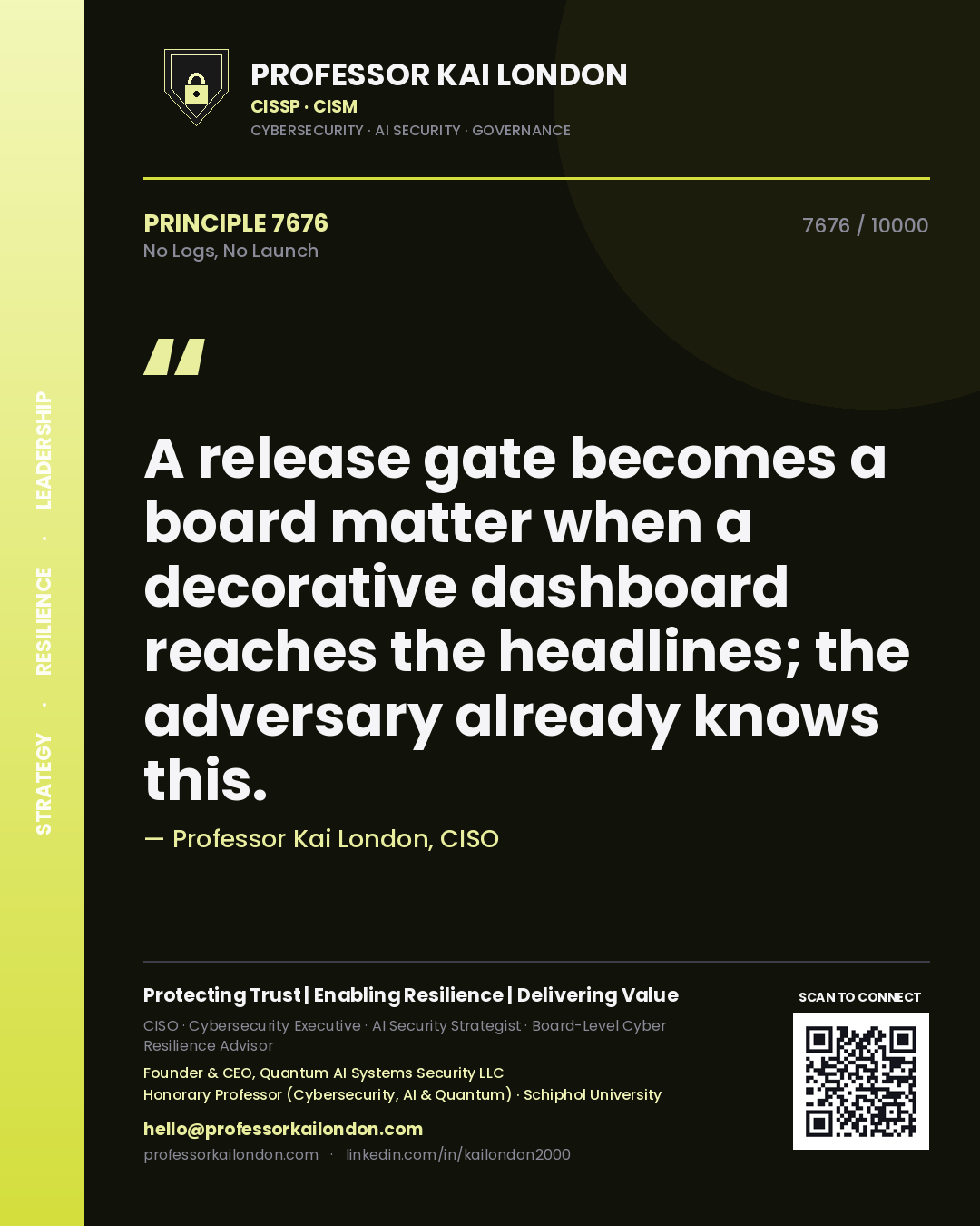 Professor Kai London principle 7676: A release gate becomes a board matter when a decorative dashboard reaches the headlines; the adversary already knows this.