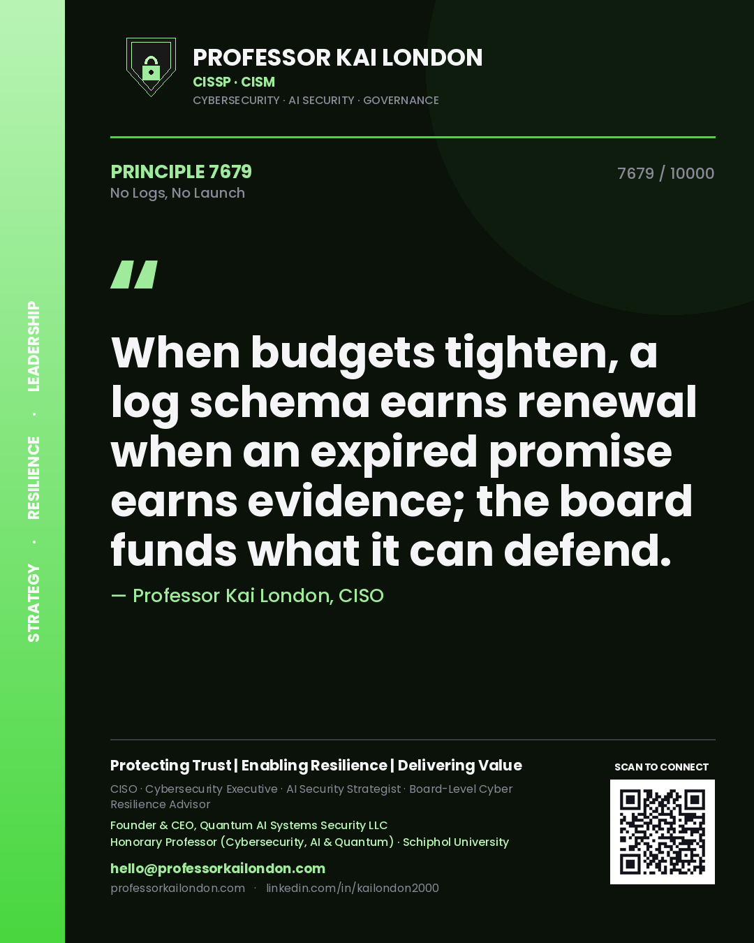Professor Kai London principle 7679: When budgets tighten, a log schema earns renewal when an expired promise earns evidence; the board funds what it can defend.