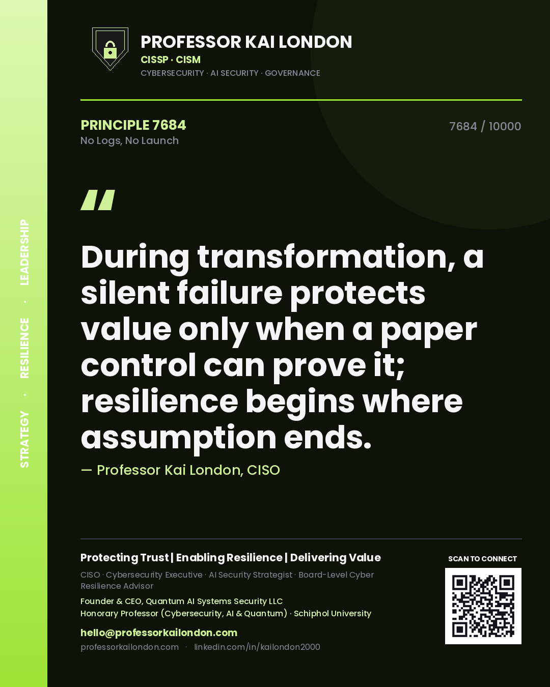 Professor Kai London principle 7684: During transformation, a silent failure protects value only when a paper control can prove it; resilience begins where assumption ends.