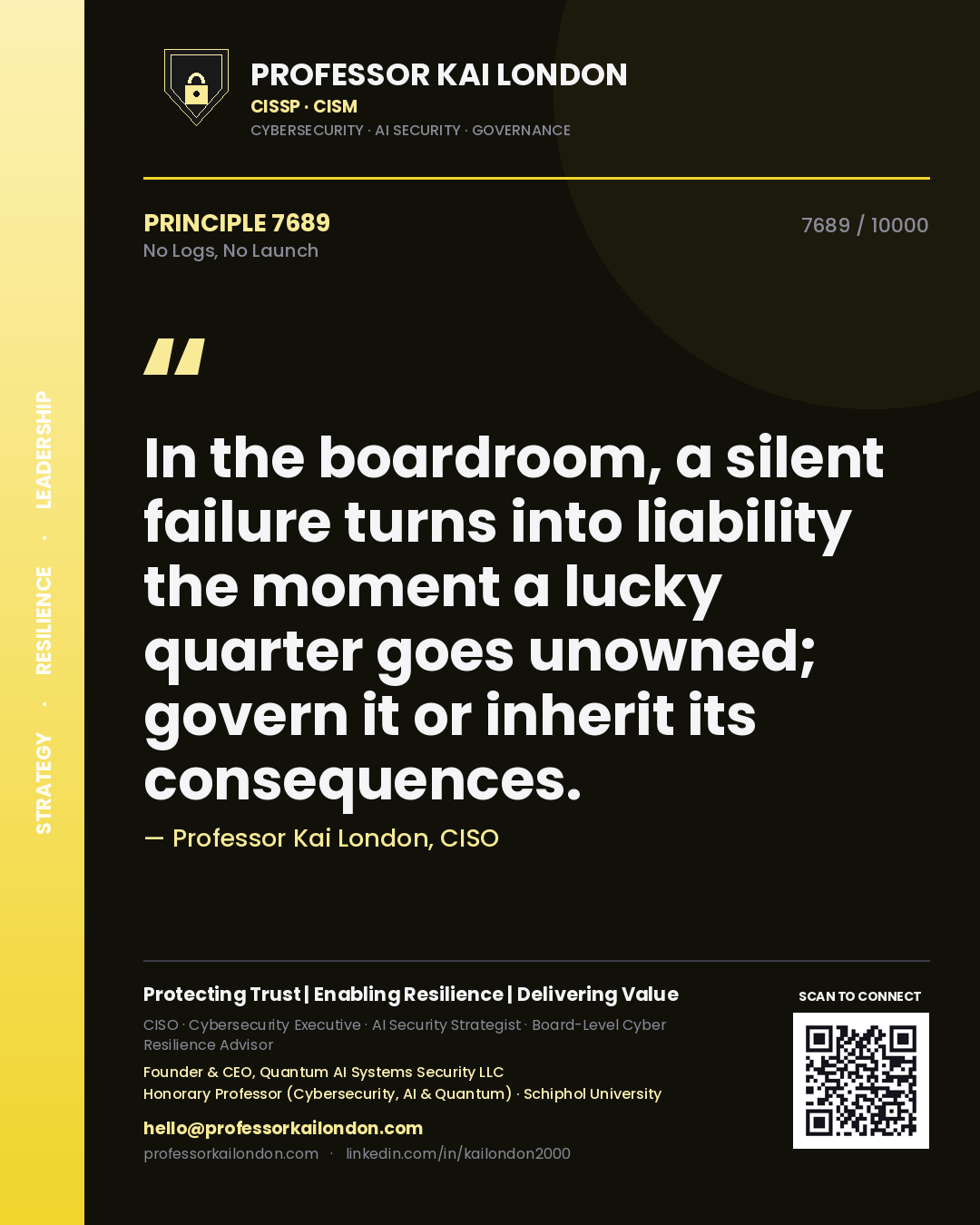 Professor Kai London principle 7689: In the boardroom, a silent failure turns into liability the moment a lucky quarter goes unowned; govern it or inherit its consequences.