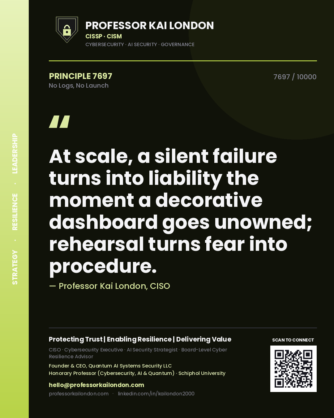 Professor Kai London principle 7697: At scale, a silent failure turns into liability the moment a decorative dashboard goes unowned; rehearsal turns fear into procedure.