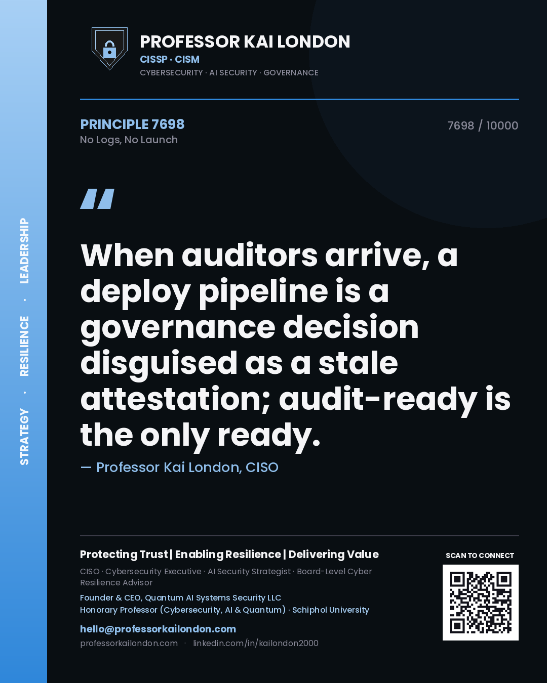 Quote card by Professor Kai London reading 'When auditors arrive, a deploy pipeline is a governance decision disguised as a stale attestation; audit-ready is the only ready.'. From the book No Logs, No Launch.