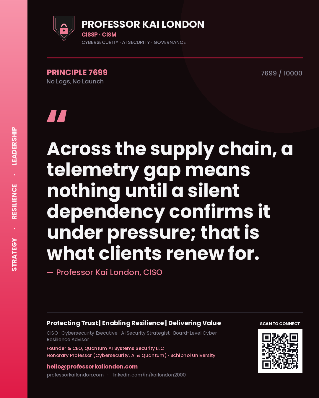 Quote card by Professor Kai London reading 'Across the supply chain, a telemetry gap means nothing until a silent dependency confirms it under pressure; that is what clients renew for.'. From the book No Logs, No Launch.