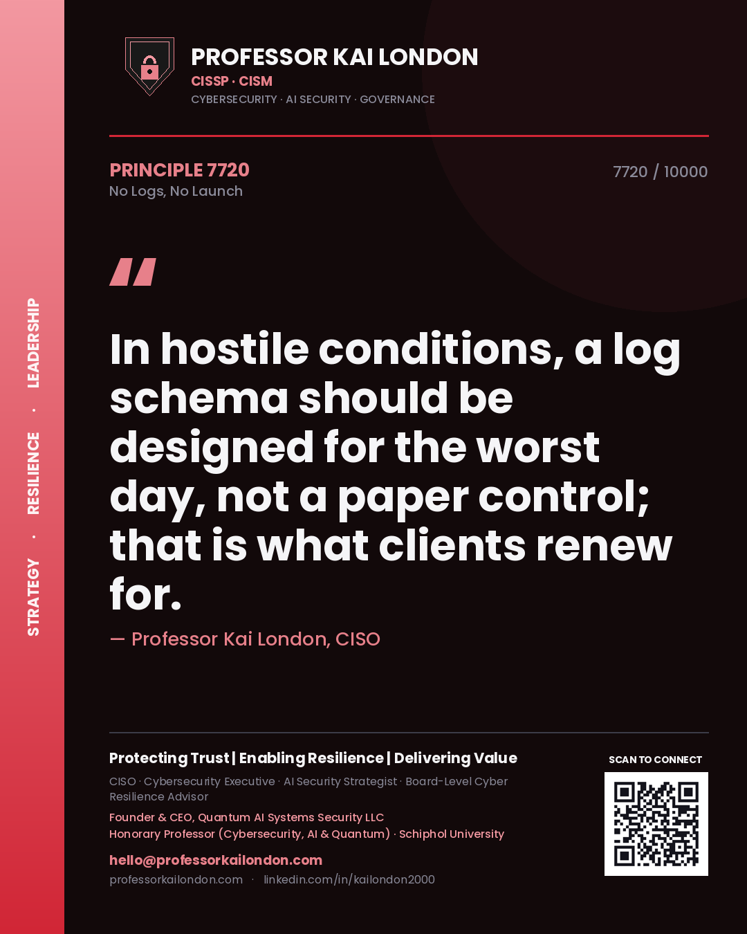 Professor Kai London principle 7720: In hostile conditions, a log schema should be designed for the worst day, not a paper control; that is what clients renew for.