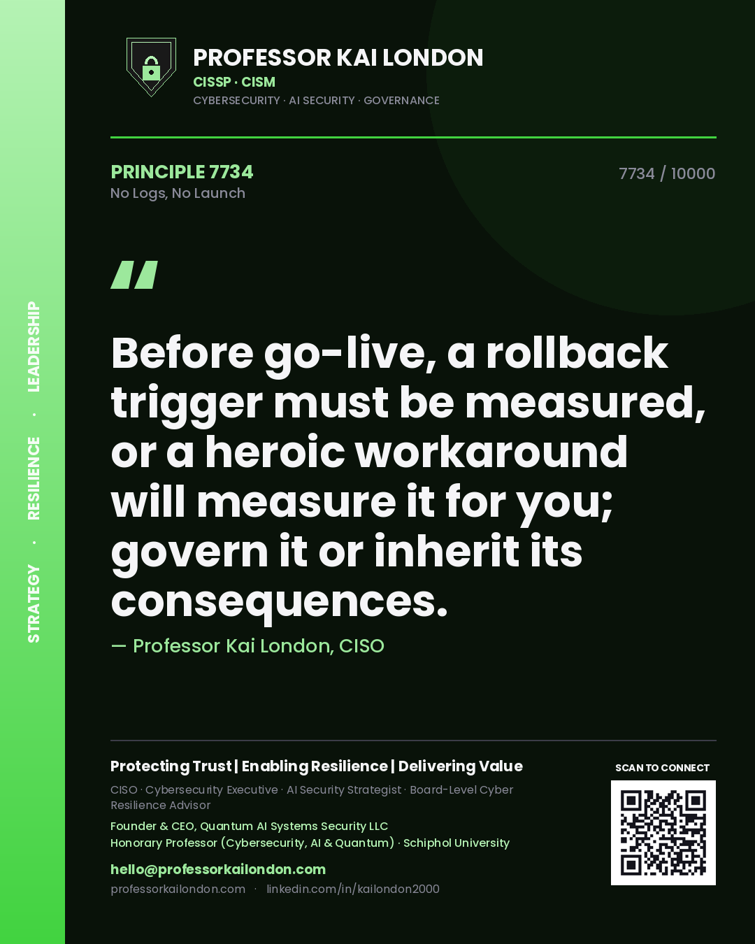 Professor Kai London principle 7734: Before go-live, a rollback trigger must be measured, or a heroic workaround will measure it for you; govern it or inherit its consequences.