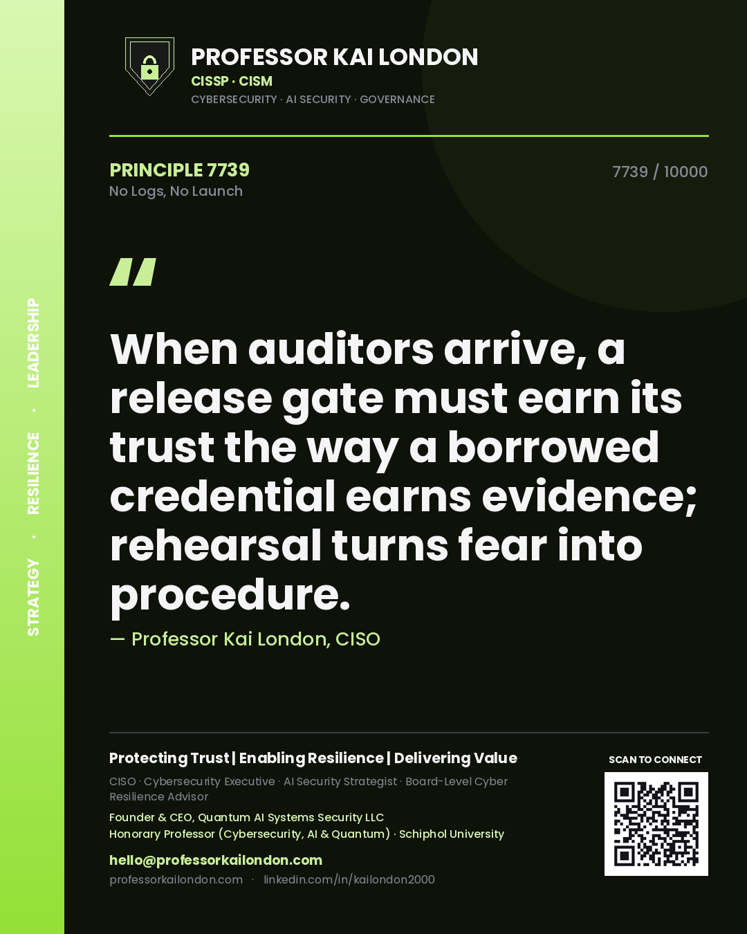 Quote card by Professor Kai London reading 'When auditors arrive, a release gate must earn its trust the way a borrowed credential earns evidence; rehearsal turns fear into procedure.'. From the book No Logs, No Launch.