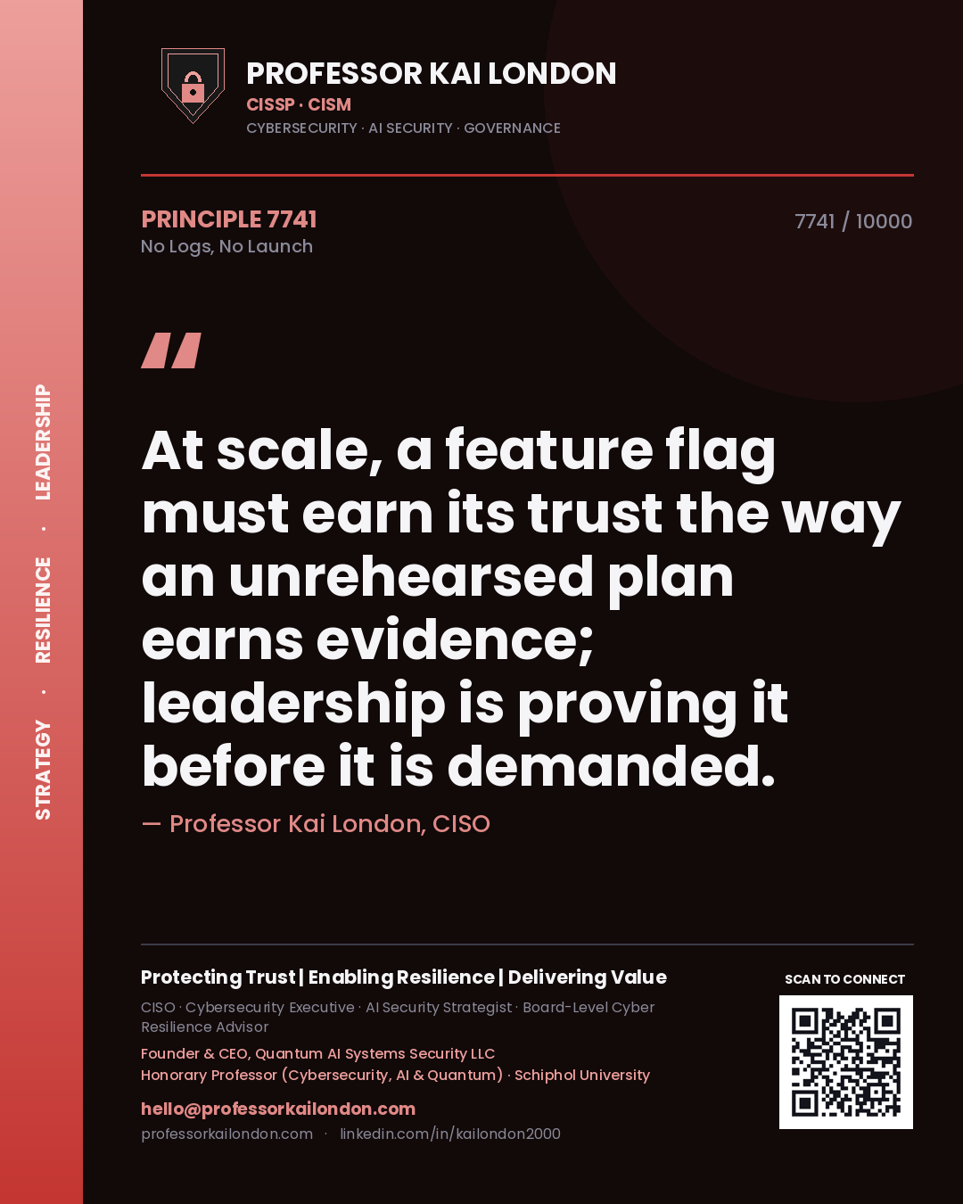 Professor Kai London principle 7741: At scale, a feature flag must earn its trust the way an unrehearsed plan earns evidence; leadership is proving it before it is demanded.
