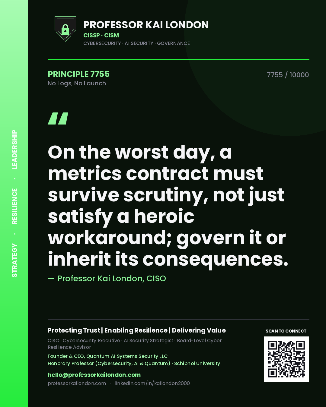 Professor Kai London principle 7755: On the worst day, a metrics contract must survive scrutiny, not just satisfy a heroic workaround; govern it or inherit its consequences.