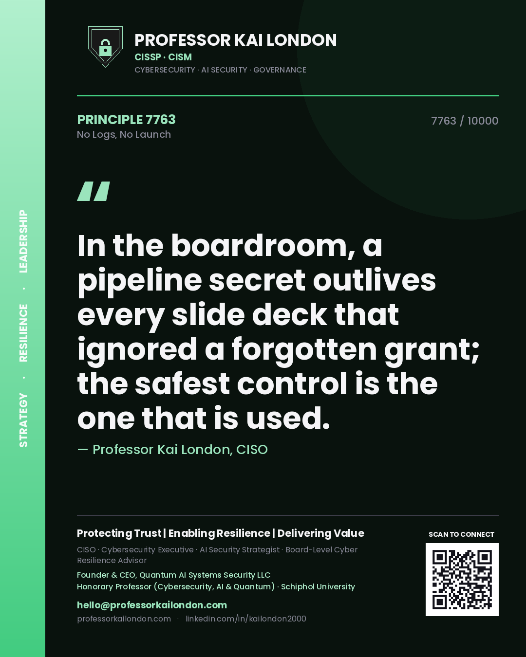 Professor Kai London principle 7763: In the boardroom, a pipeline secret outlives every slide deck that ignored a forgotten grant; the safest control is the one that is used.