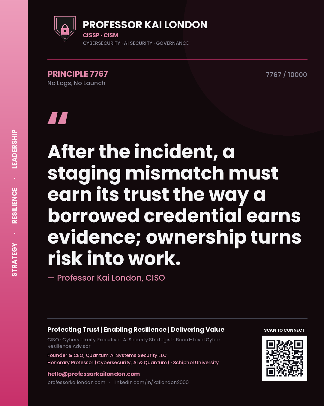Quote card by Professor Kai London reading 'After the incident, a staging mismatch must earn its trust the way a borrowed credential earns evidence; ownership turns risk into work.'. From the book No Logs, No Launch.
