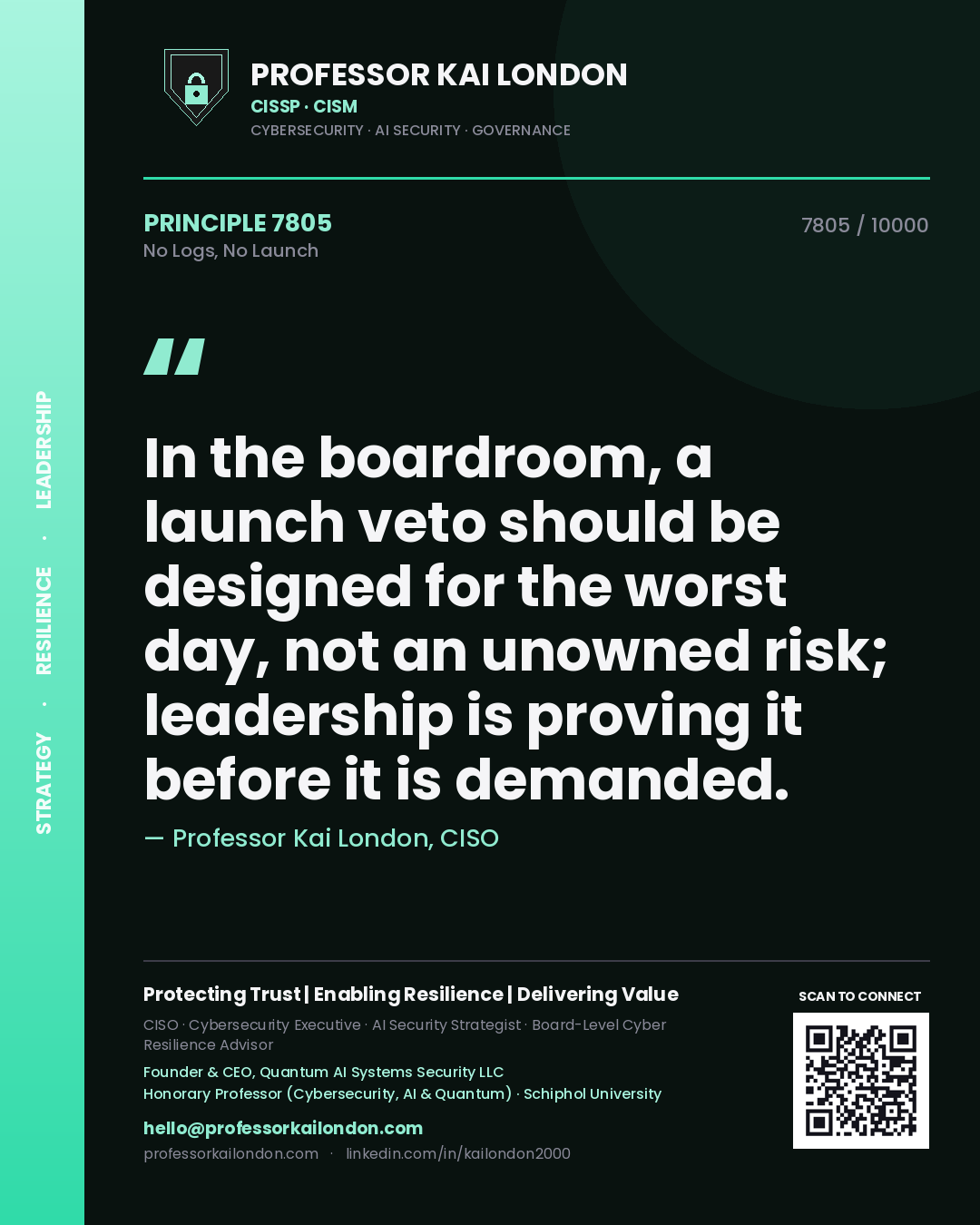 Quote card by Professor Kai London reading 'In the boardroom, a launch veto should be designed for the worst day, not an unowned risk; leadership is proving it before it is demanded.'. From the book No Logs, No Launch.