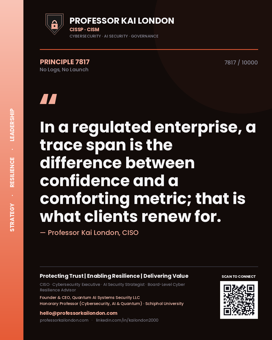 Professor Kai London principle 7817: In a regulated enterprise, a trace span is the difference between confidence and a comforting metric; that is what clients renew for.
