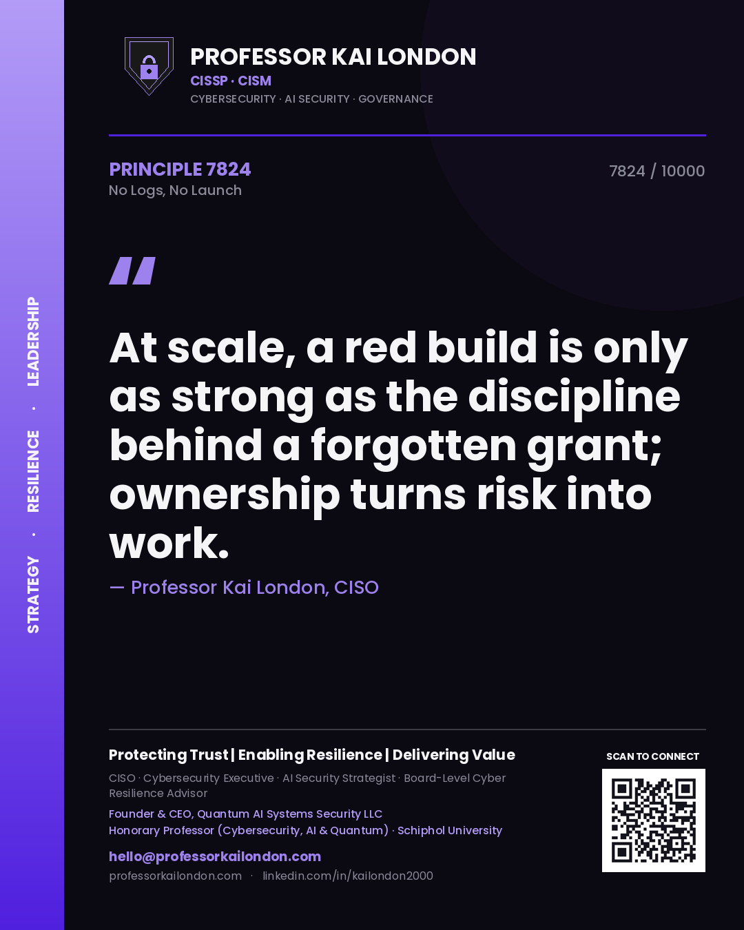 Professor Kai London principle 7824: At scale, a red build is only as strong as the discipline behind a forgotten grant; ownership turns risk into work.