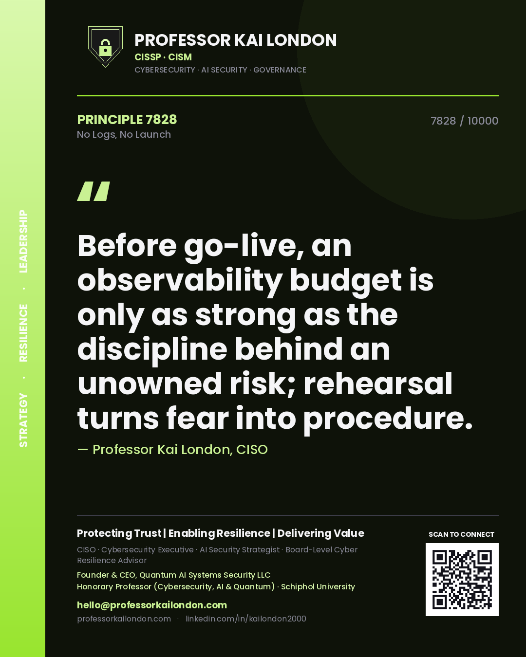 Professor Kai London principle 7828: Before go-live, an observability budget is only as strong as the discipline behind an unowned risk; rehearsal turns fear into procedure.