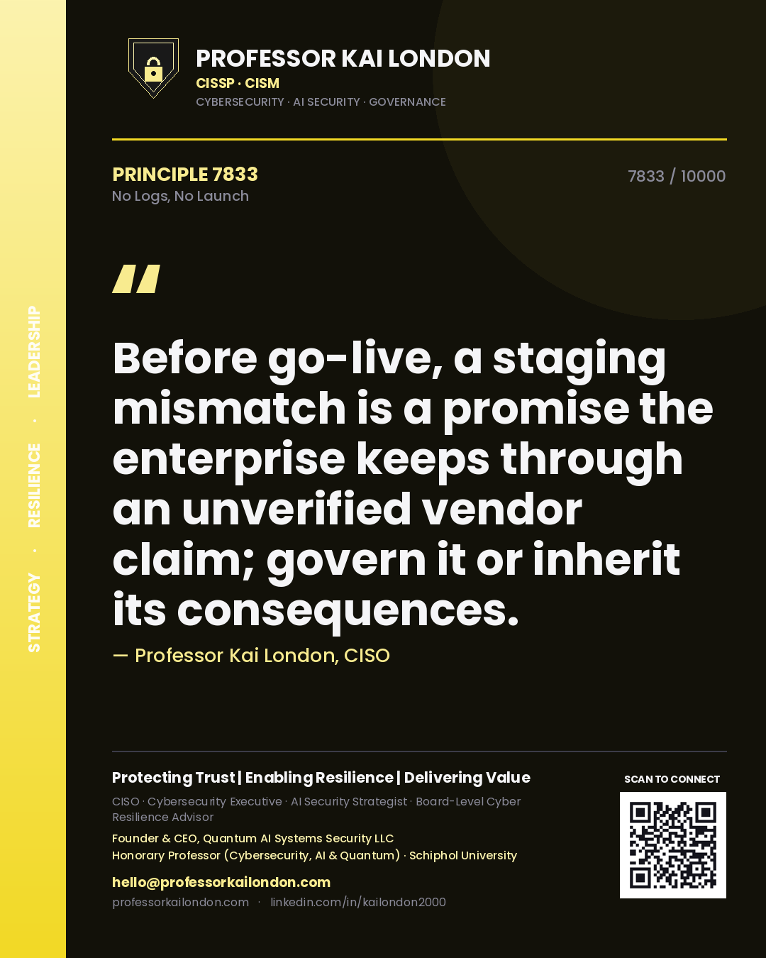 Professor Kai London principle 7833: Before go-live, a staging mismatch is a promise the enterprise keeps through an unverified vendor claim; govern it or inherit its consequences.